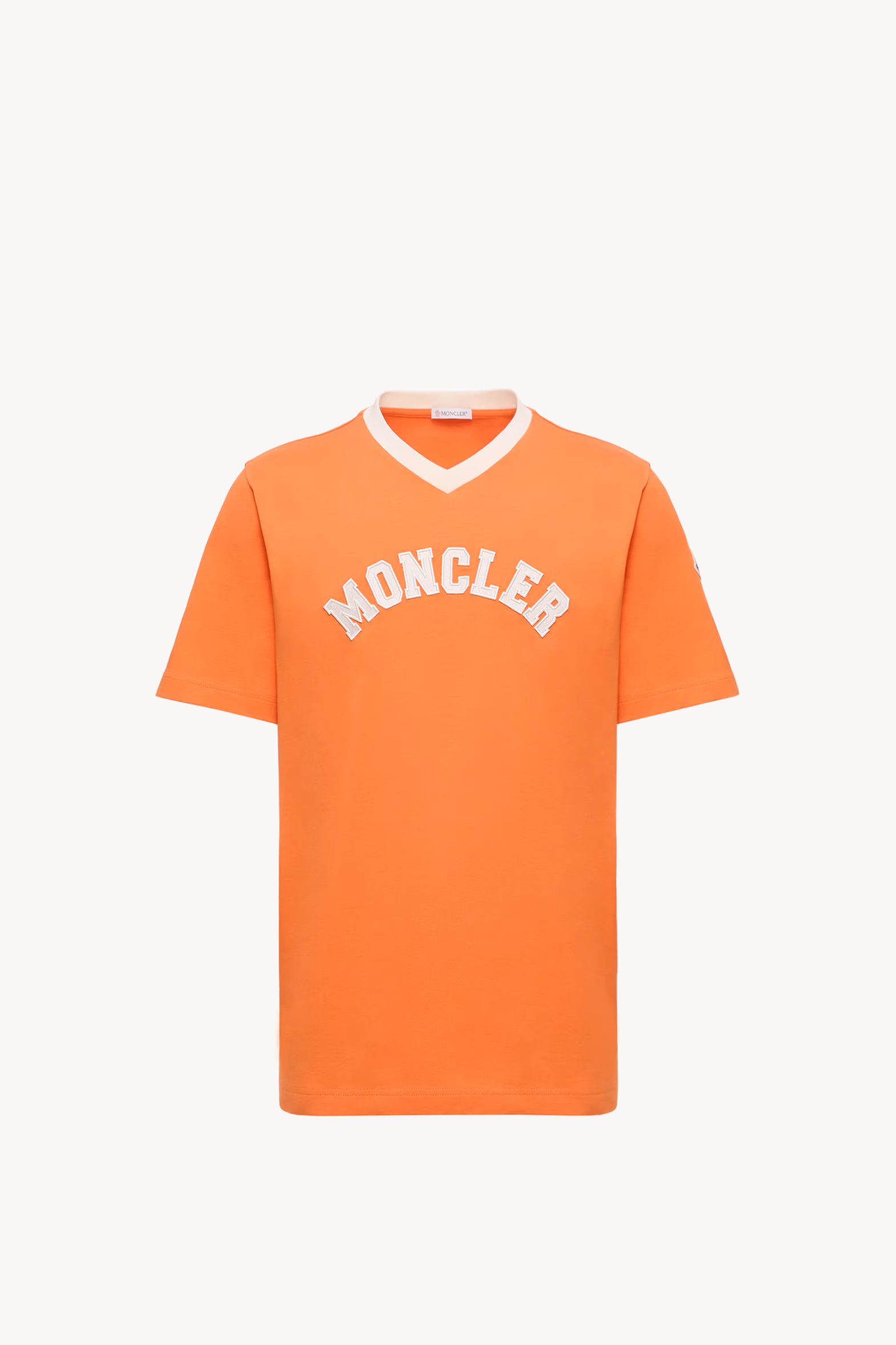 Embroidered Logo Cotton Piquet V-Neck T-Shirt Men Orange Moncler 2